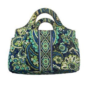 Vera Bradley Quilted Satchel Blue Green Paisley Handbag Tote Bright Clean EUC